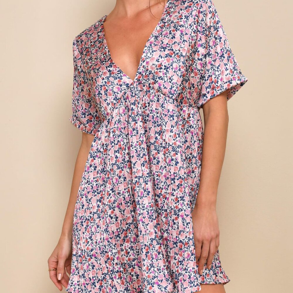 Blush Pink Floral Print Satin Babydoll Dress